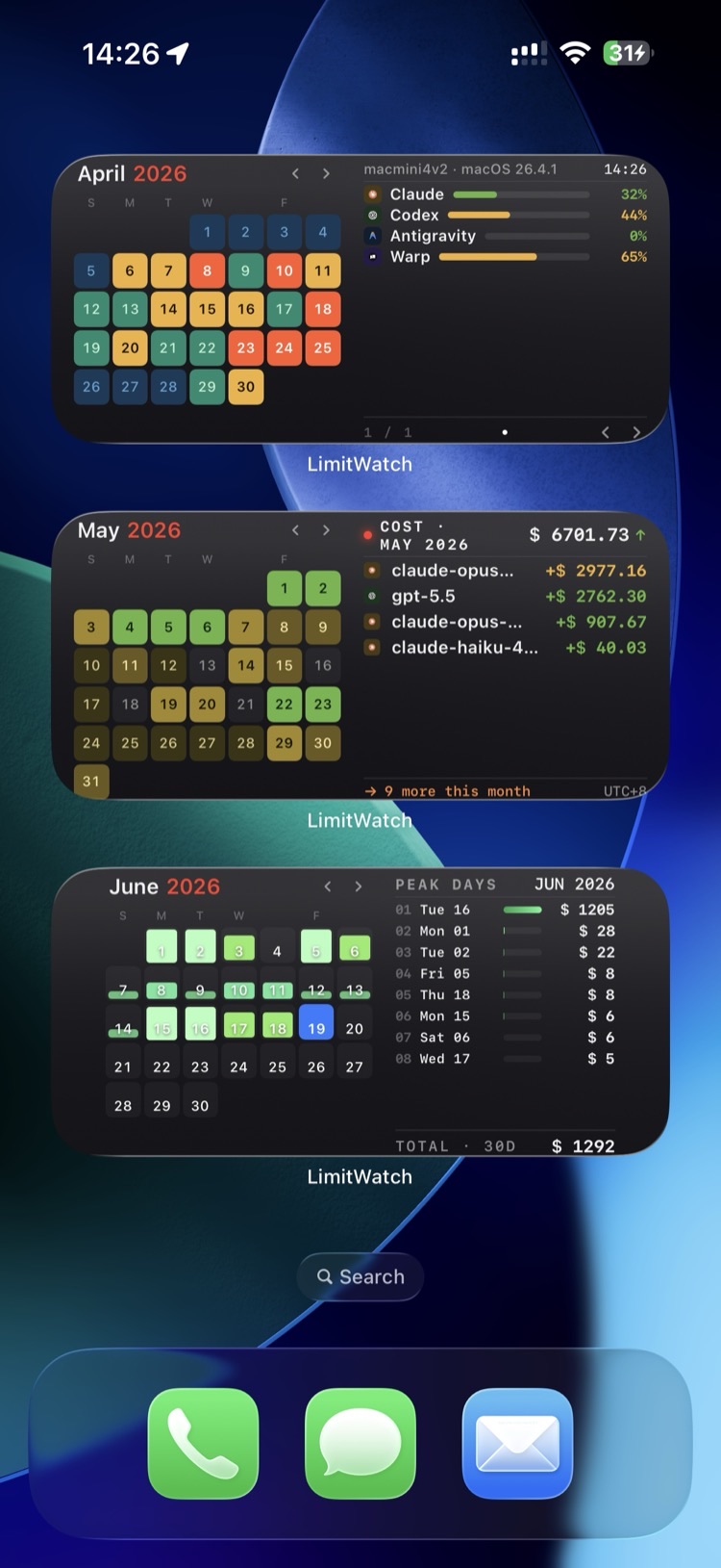 LimitWatch Calendar Heatmap widget — daily AI usage at a glance on the Home Screen